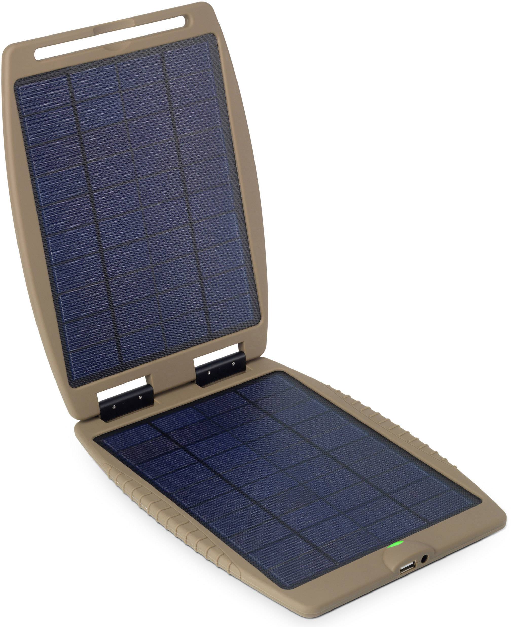 Caricabatterie solare mobile con due pannelli aperti, bordato in marrone, con porta USB integrata. Ideale per viaggiare.