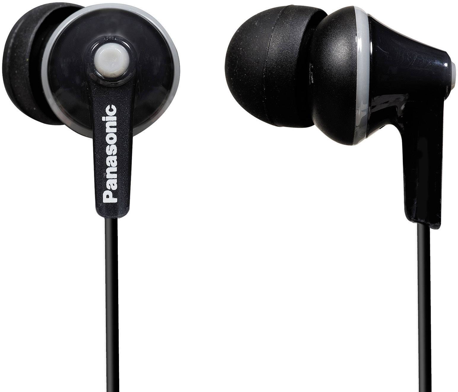 Auricolari neri con inserti in silicone rotondi a sinistra e a destra.