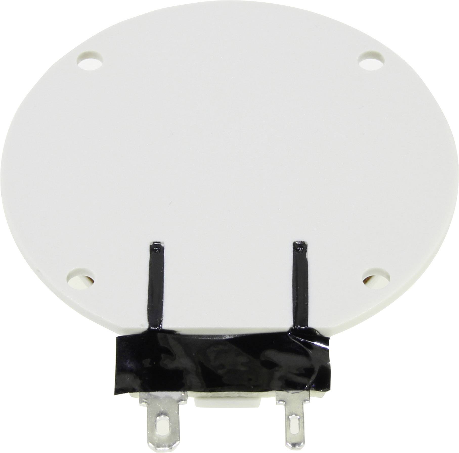 Un componente elettrico con involucro rotondo e piatto, dotato di due piedini di connessione, isolato da una fascia nera sul lato inferiore.