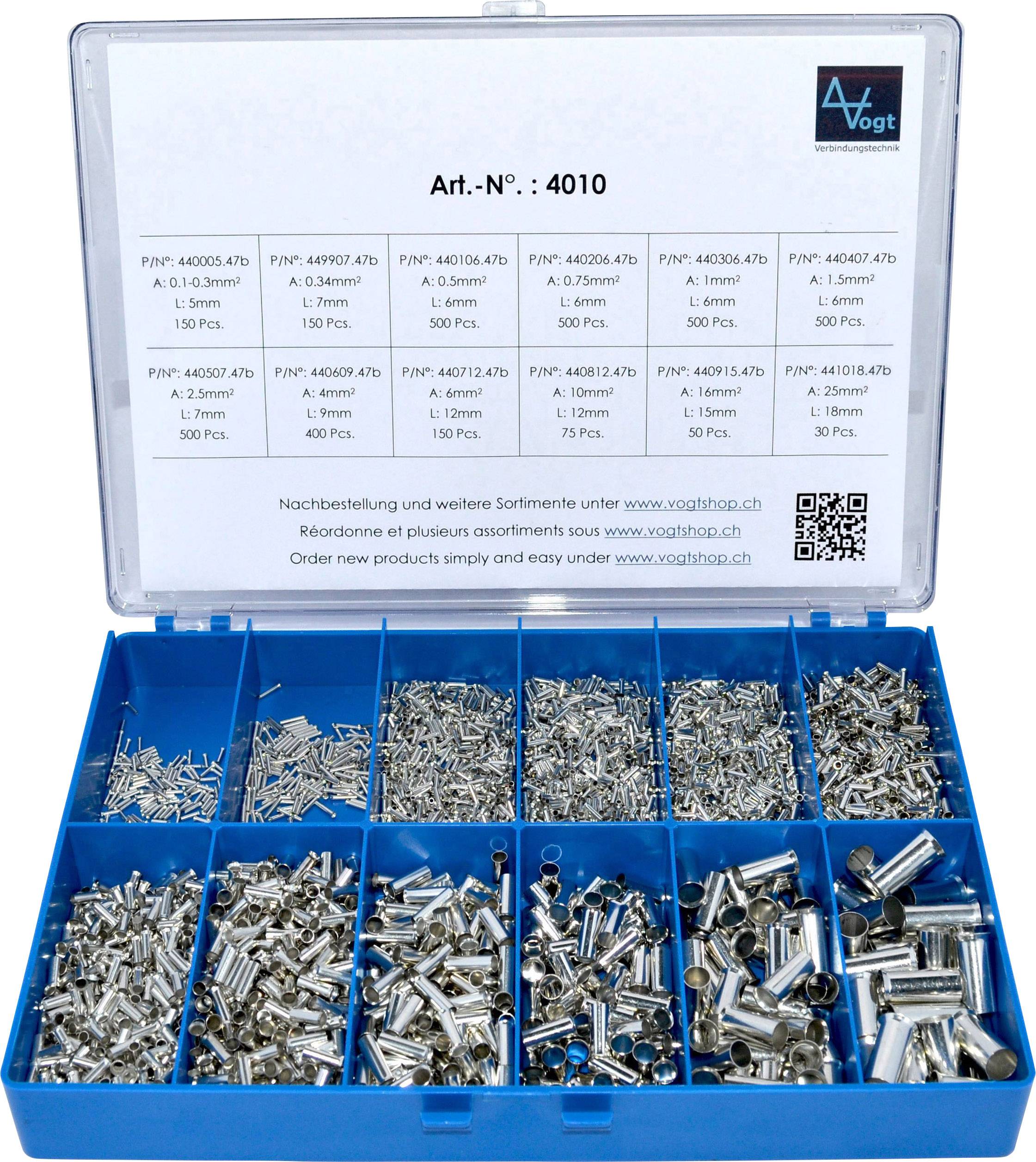 Una scatola blu per assortimento con diversi perni metallici e boccole in scomparti separati, coperchio con numero articolo e dati del produttore.