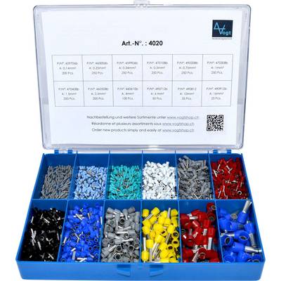 Scatola portautensili con 20 scomparti, riempita con capicorda isolati in vari colori e dimensioni.