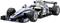 Un modellino di una monoposto di Formula 1 argento e blu, con adesivi e dettagli ben visibili che rappresentano velocità e precisione.