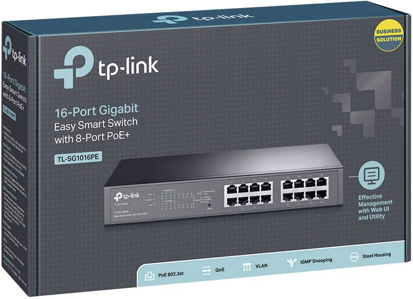 Switch TP-Link 16 porte Gigabit Easy Smart con 8 porte PoE+. La confezione del prodotto mostra l'immagine del dispositivo e le funzioni come PoE e VLAN.