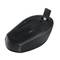 Un mouse nero visto dal basso, che mostra la rotellina di scorrimento, il vano batterie e il ricevitore USB per la connessione wireless.