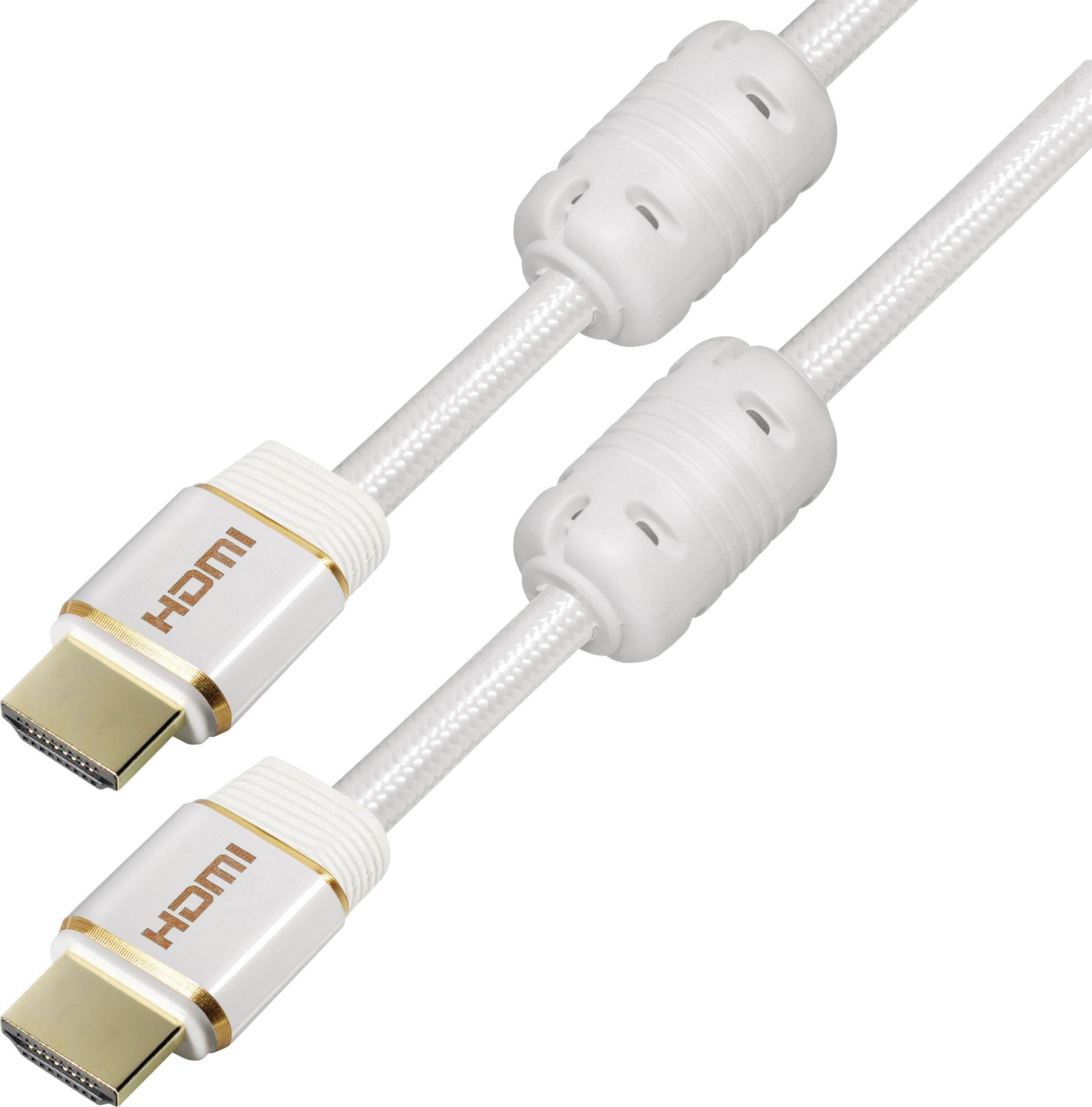 Due cavi HDMI bianchi con connettori dorati e nuclei in ferrite sono posizionati uno accanto all'altro. Sono stati progettati per un flusso di segnale migliore.