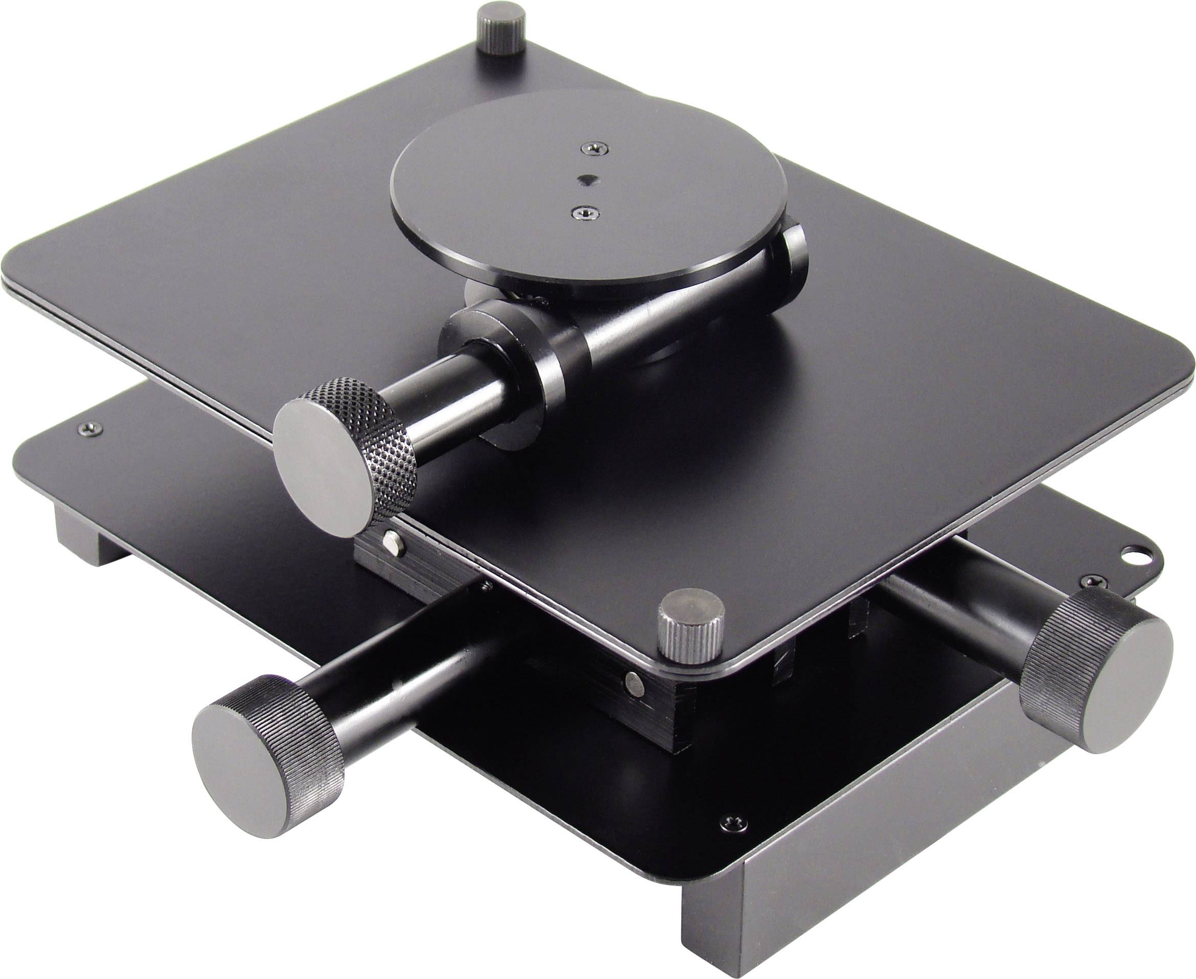 Un carrello nero, preciso, regolabile manualmente, presumibilmente per una fotocamera o un microscopio, con elementi di rotazione e scorrimento.