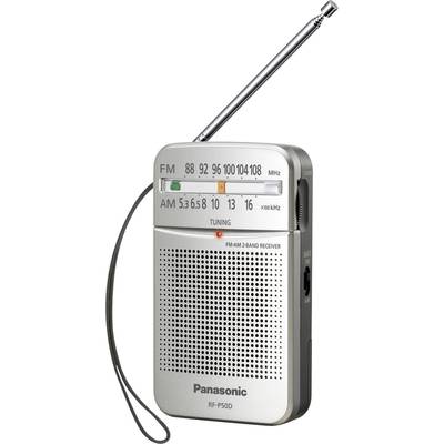 Radio portatile Panasonic con antenna telescopica. Mostra le scale FM e AM per la sintonizzazione delle stazioni. Design compatto con cinghia di trasporto.