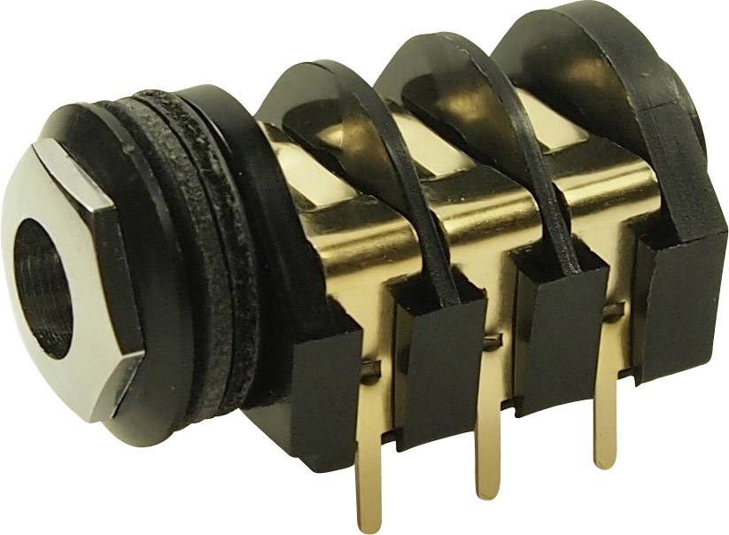 Connettore audio a tre pin per il montaggio su scheda elettronica, di forma cilindrica realizzato in materiale nero e metallico.
