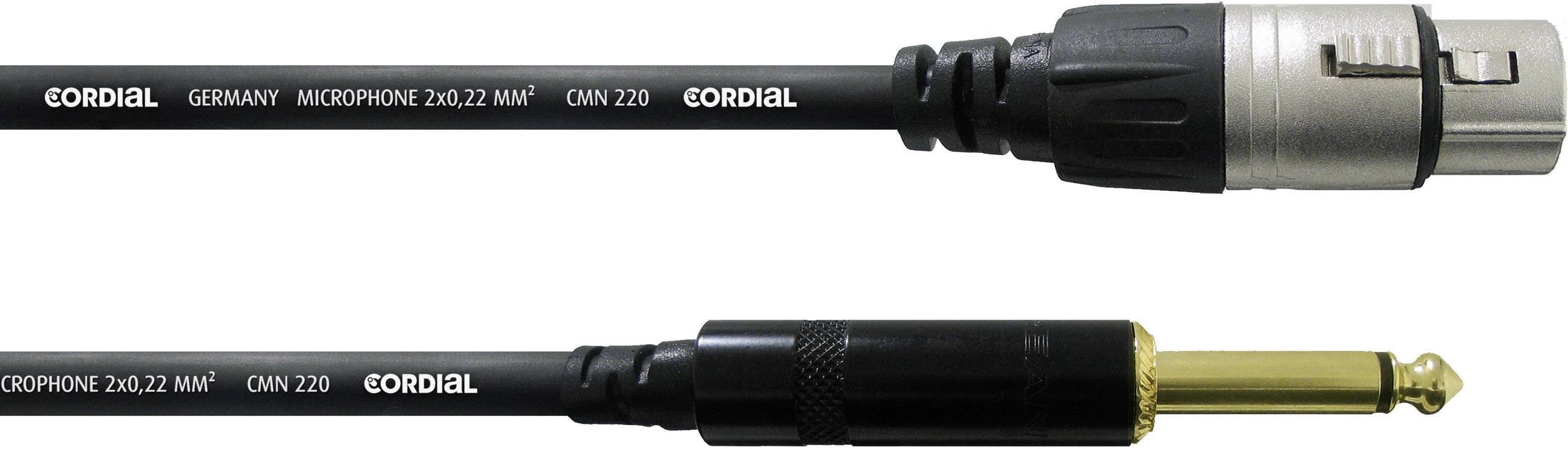 Cavo microfonico nero con connettori XLR e jack di Cordial. Testo sul cavo: Cordial Germany Microphone 220,22 mm² CMM 220.