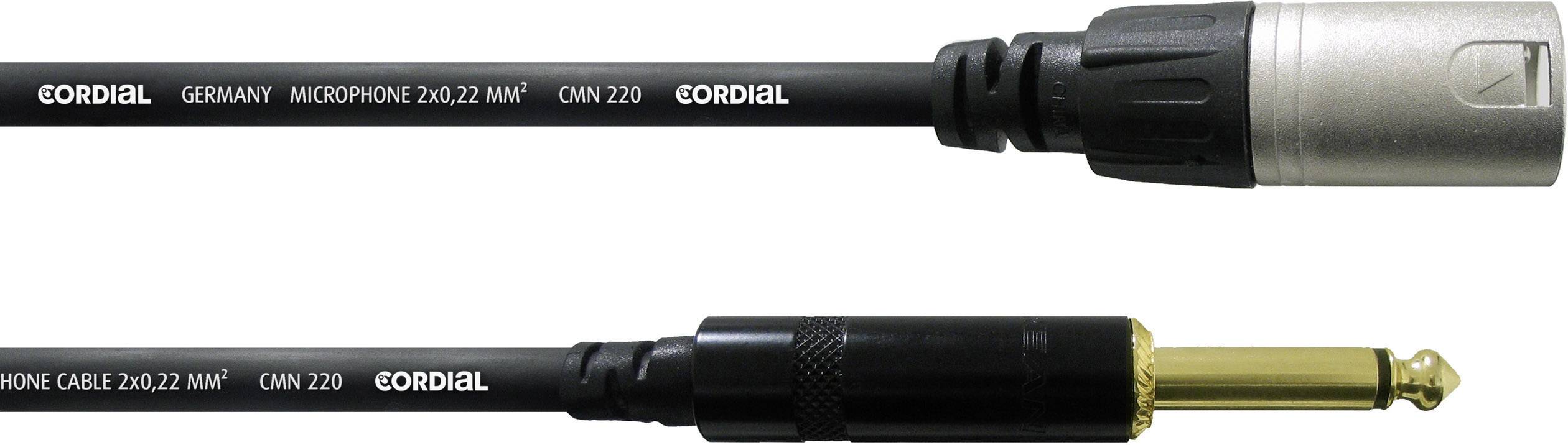Cavo microfonico con connettore XLR in alto e jack da 6,3 mm in basso, marca Cordial, modello: 'CMM 220'.