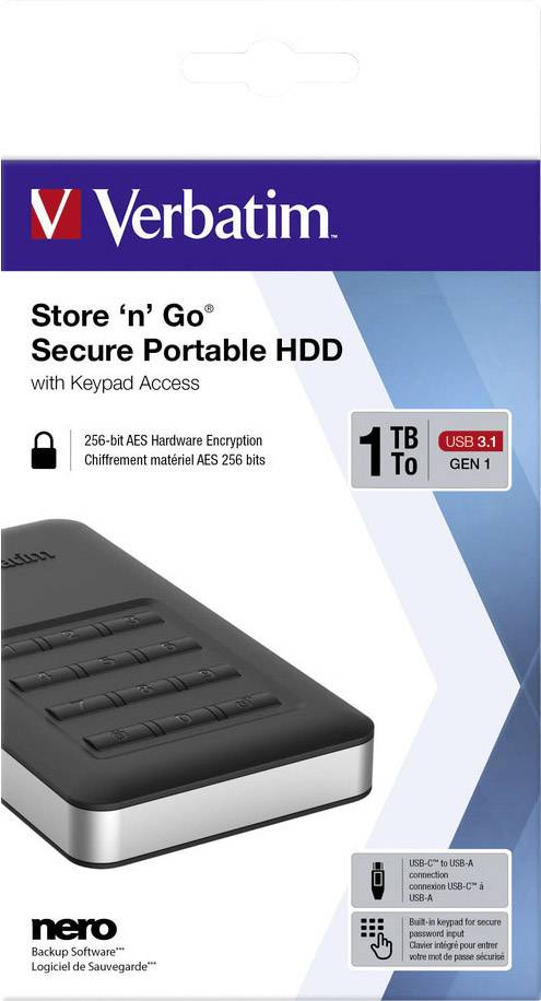 Confezione di un hard disk esterno Verbatim Store 'n' Go da 1 TB, con connessione USB 3.1 e tastierino per il controllo di accesso sicuro.