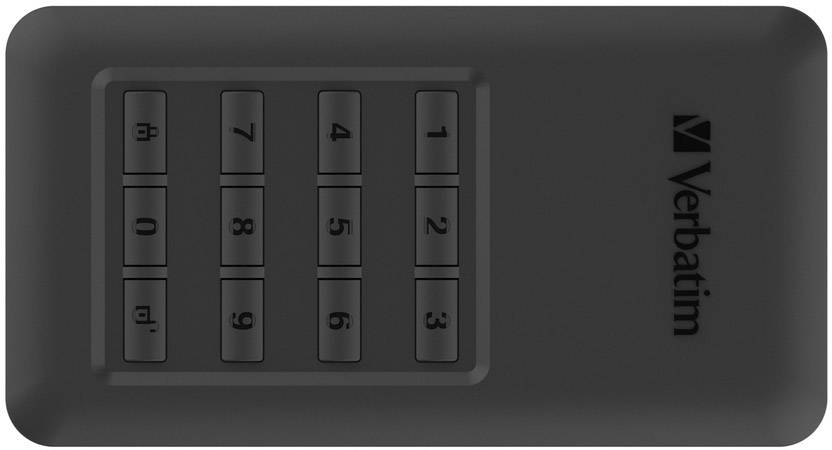 Hard disk esterno con lucchetto numerico e logo. Tastiera con numeri da 0 a 9 per impostazioni di sicurezza.