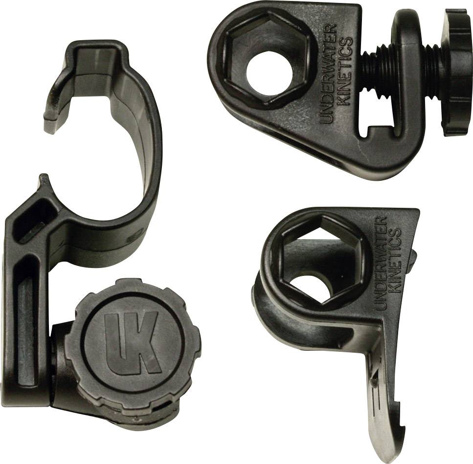 Tre supporti neri per fotocamera o obiettivo in plastica su sfondo bianco, con diverse opzioni di montaggio.