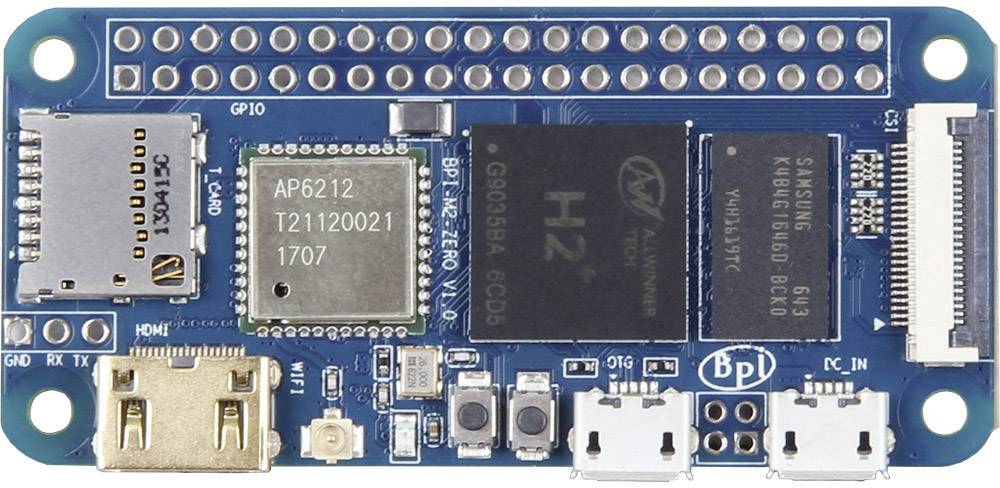 Un computer a scheda singola con porte HDMI, USB e Micro-USB su una scheda blu, probabilmente per progetti di sviluppo.