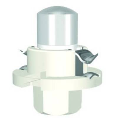 Un componente di plastica bianca con una parte superiore cilindrica e fermagli laterali, utilizzato per fissare componenti.