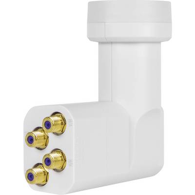 LNB bianco con quattro connettori coassiali dorati per antenne satellitari, idoneo per ricezione multipla.