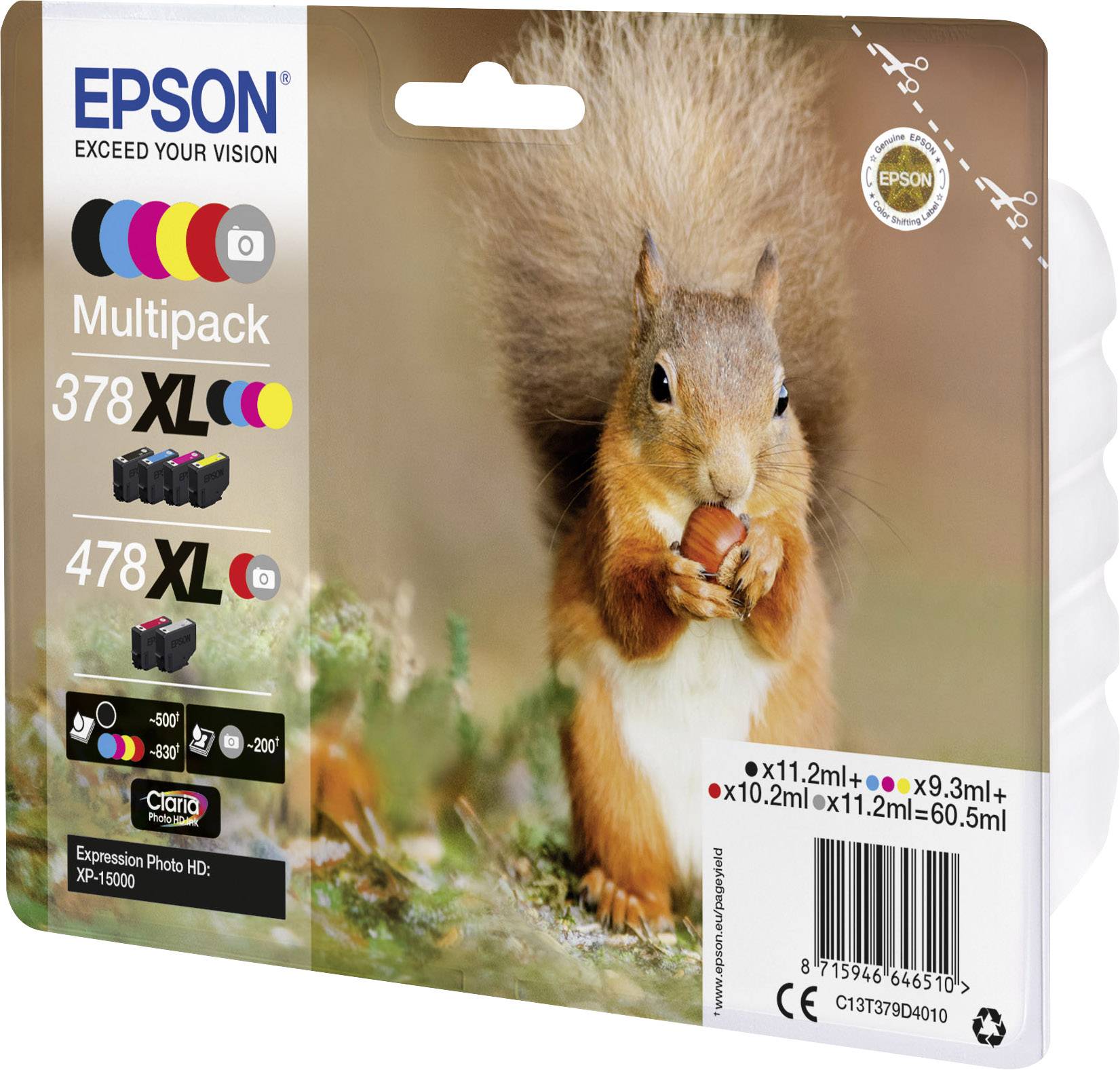 Confezione di cartucce d'inchiostro Epson Multipack 378 XL e 478 XL. Contiene cartucce in diversi colori. L'immagine mostra uno scoiattolo.