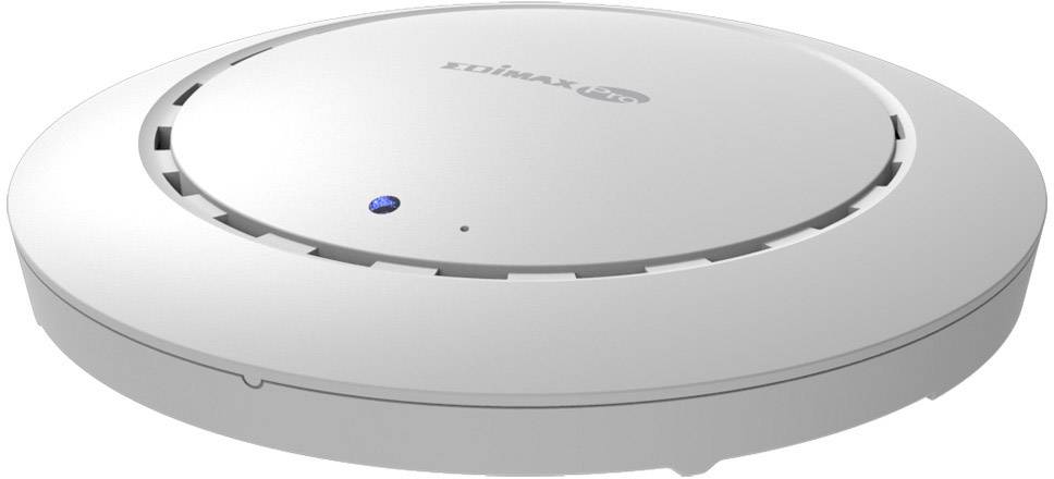 Access point wireless rotondo e bianco con un piccolo indicatore LED blu sulla parte superiore. Dispositivo del marchio Edimax.