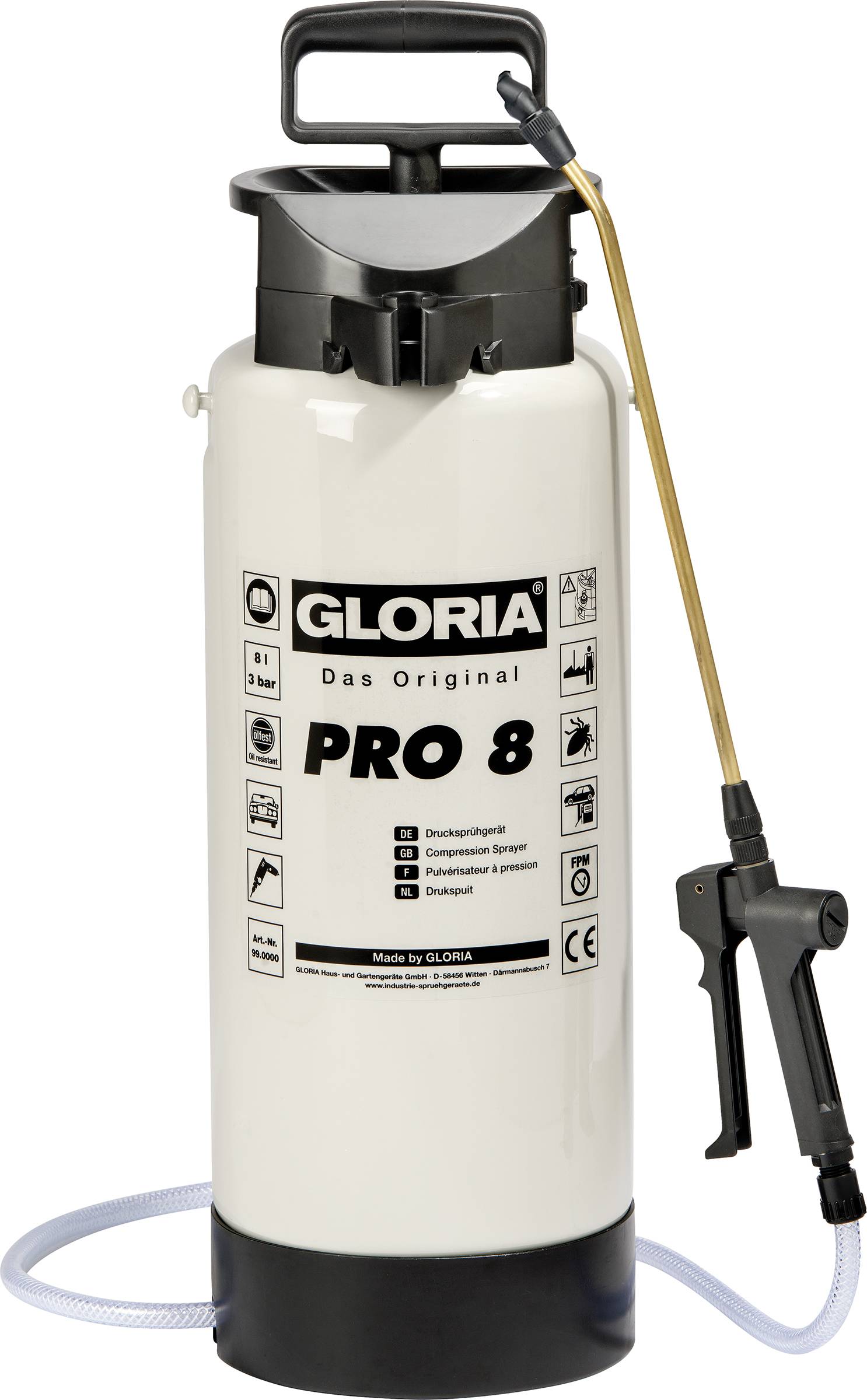 Gloria Drucksprüher Modello Pro 8, bianco, con pompa manuale, ugello nero e tubo in ottone, adatto per liquidi chimici.