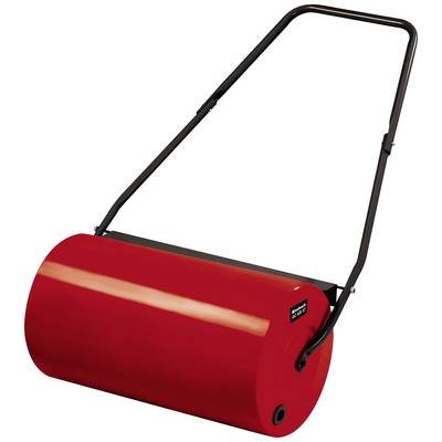 Rullo compressore rosso per lisciare superfici erbose, con manico nero e design robusto.
