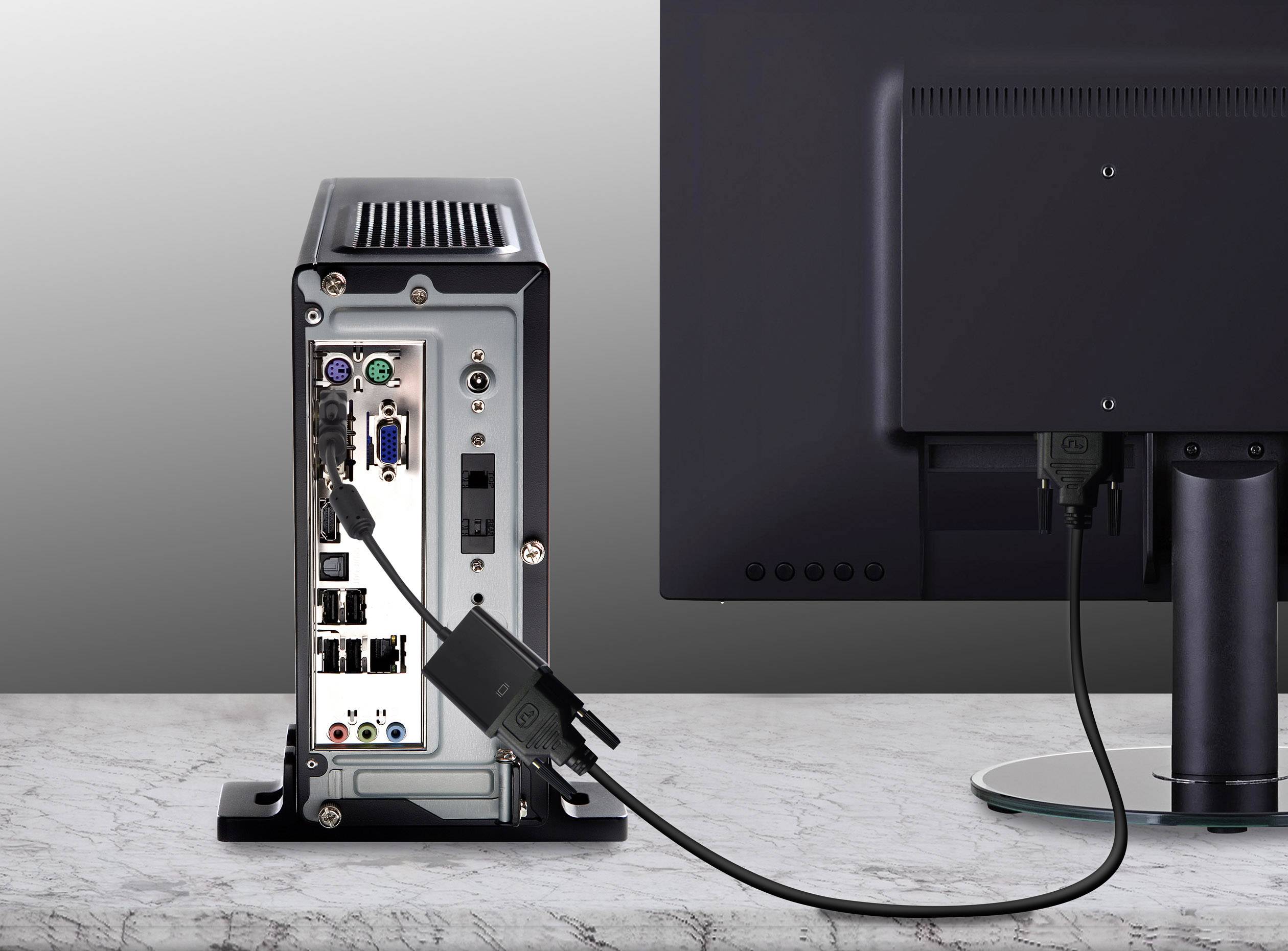 Un case per computer e un monitor sono collegati tramite un cavo HDMI. Sul retro del case sono visibili diversi attacchi.