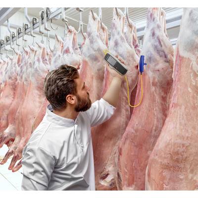 Un uomo in abiti da lavoro bianchi controlla mezze carcasse di carne in un magazzino frigorifero con uno strumento di misurazione. L'ambiente appare igienico e sterile.