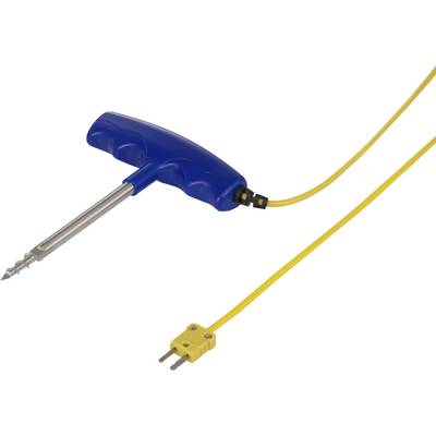 Un manico blu con una punta metallica è collegato a un cavo giallo con una spina gialla.