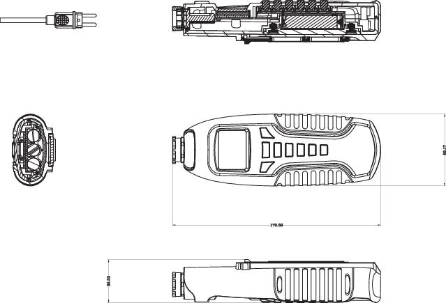 Disegno di un dispositivo tecnico con più viste, inclusa una vista dall'alto e una sezione trasversale. Comprende dettagli sui collegamenti e sulla struttura del contenitore.