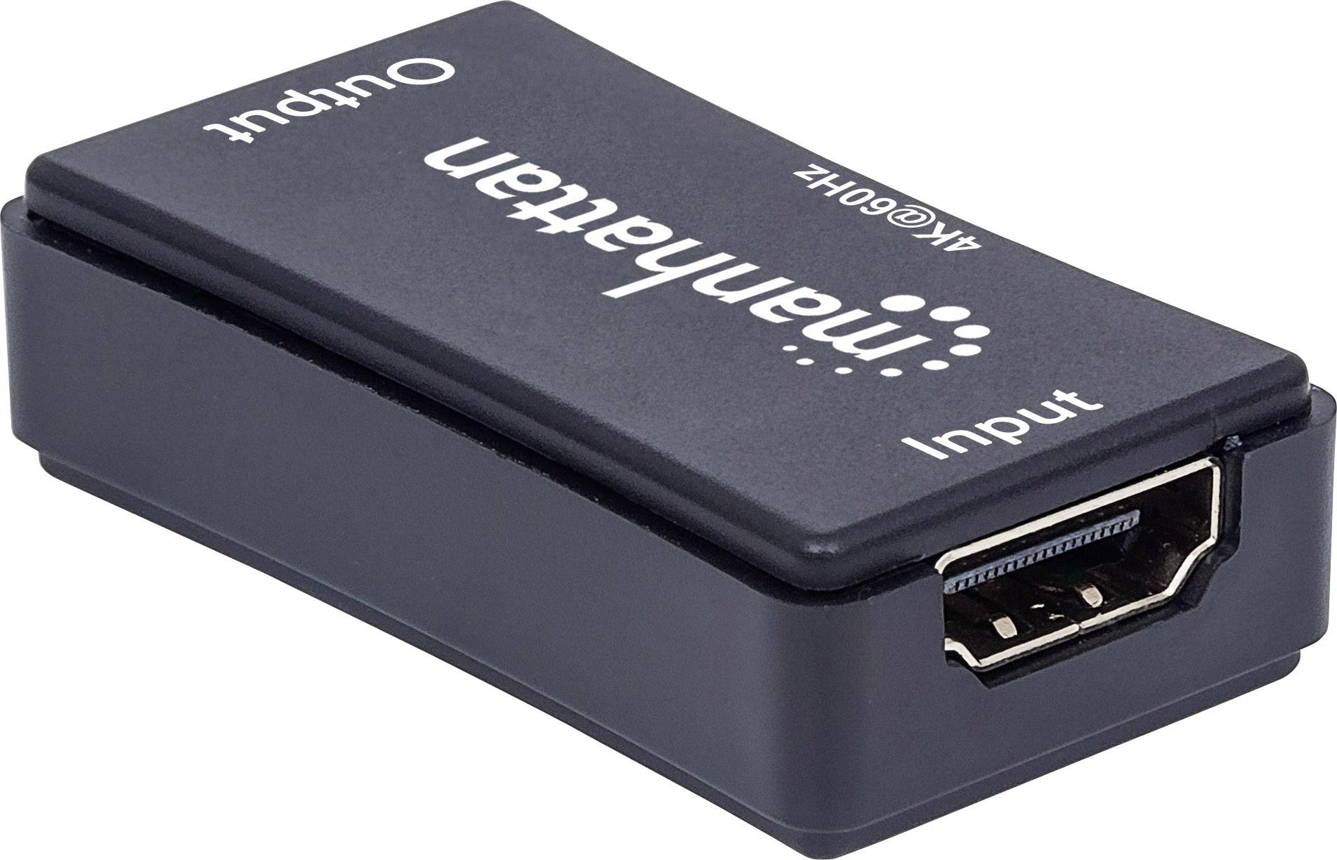 Convertitore HDMI nero con logo 'manhattan'. Connettori: 'Input' e 'Output'. Converte segnali HDMI, supporta 4K@60Hz.