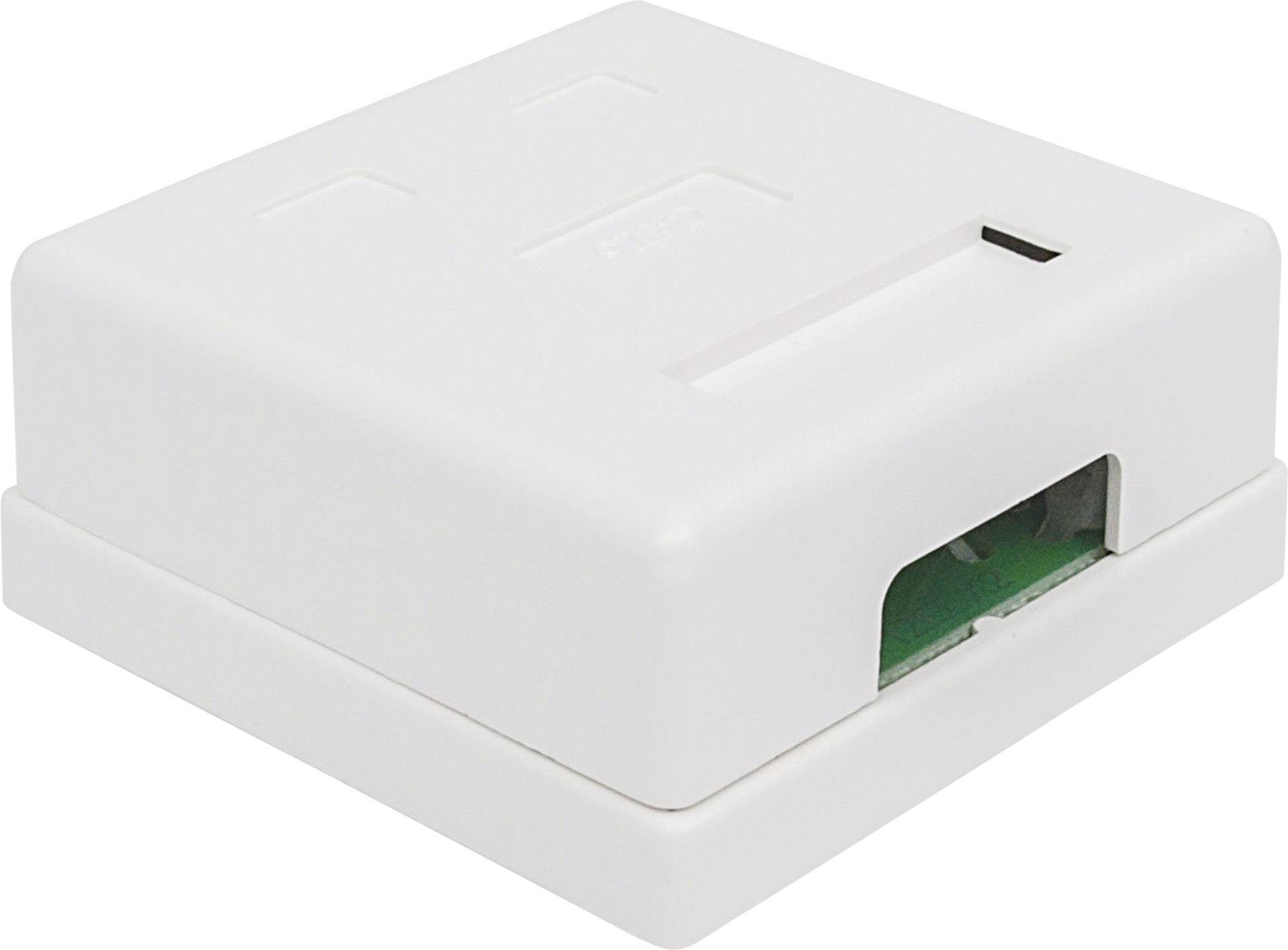 Un involucro quadrato bianco con una finestra trasparente che mostra parzialmente una scheda verde. Sembra essere un dispositivo tecnico.