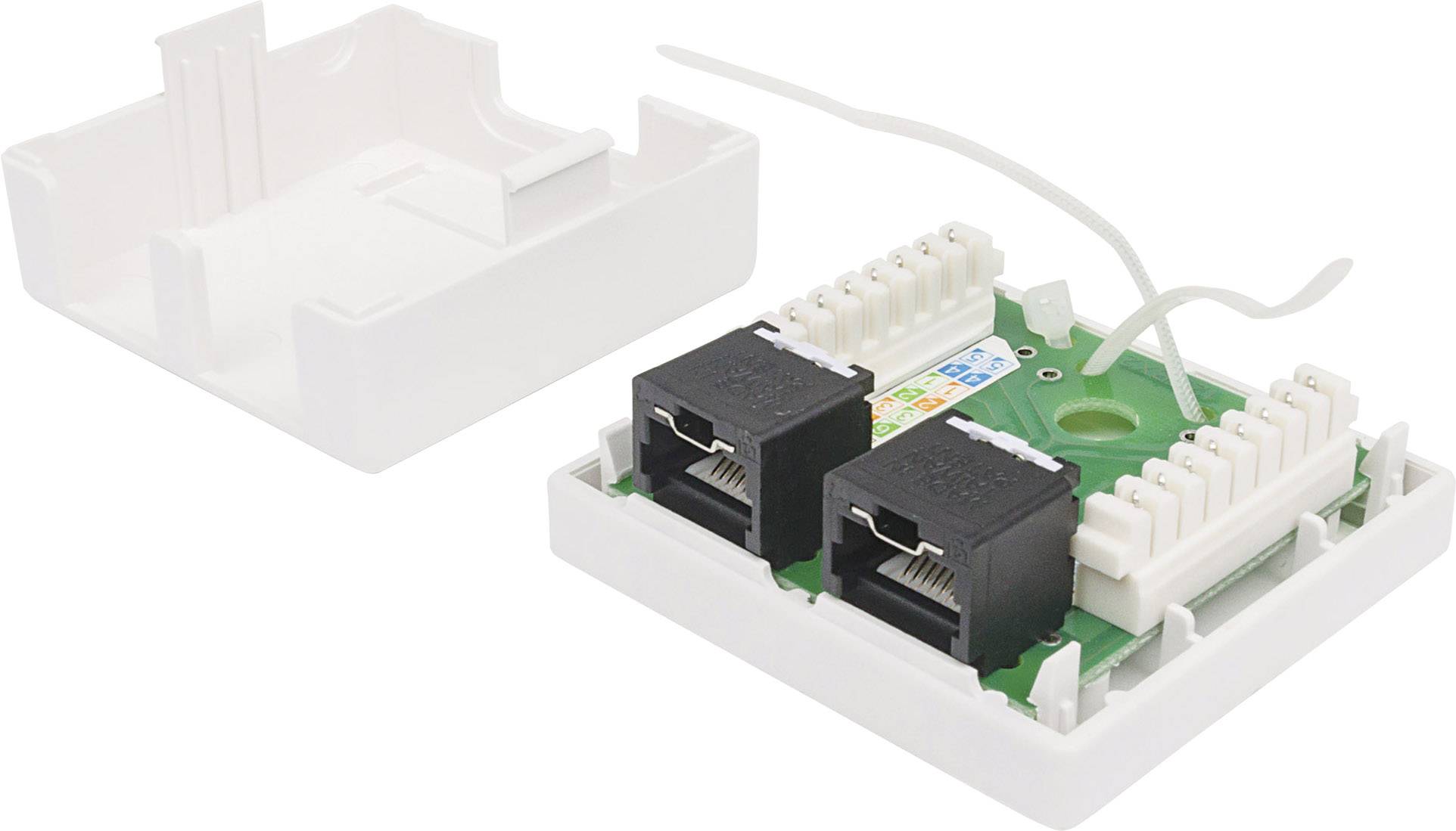 Presa di rete con due porte e connettori dei cavi aperti, con il coperchio del contenitore accanto. Veniva utilizzata per connessioni internet o telefoniche.
