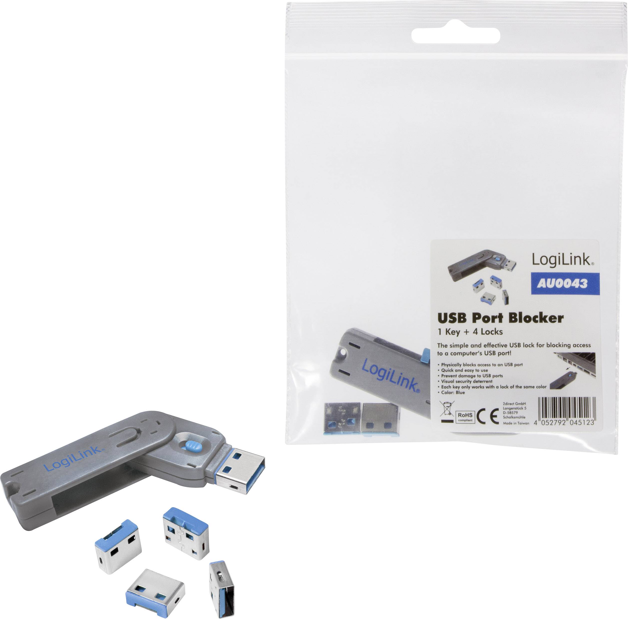 Set di blocchi porta USB di LogiLink per la sicurezza informatica. Contiene una chiave e quattro blocchi blu per proteggere le porte USB. Confezione illustrata.