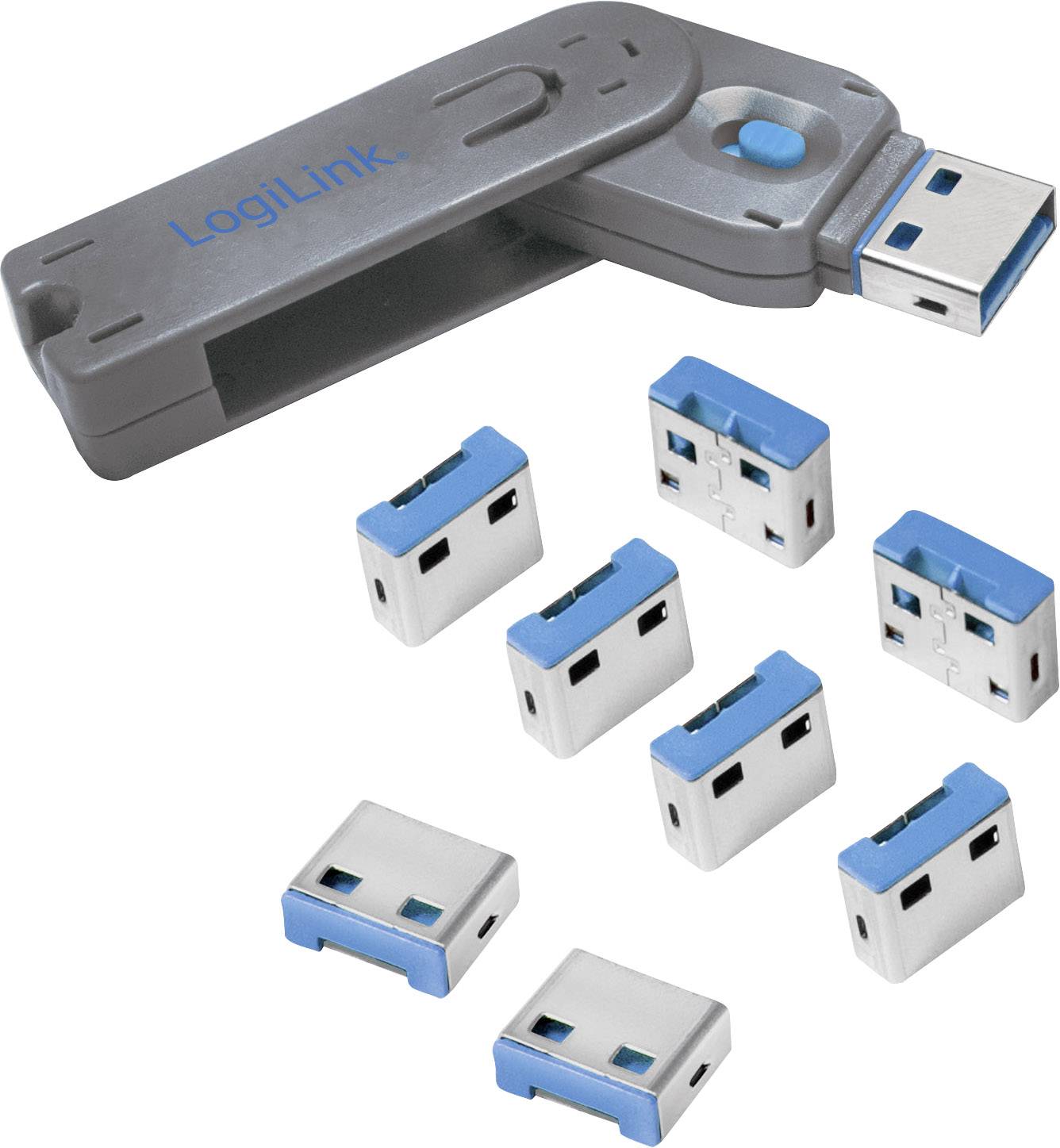 Lettore di schede USB grigio-blu, compatibile con diversi formati di memoria, include sette adattatori separati.