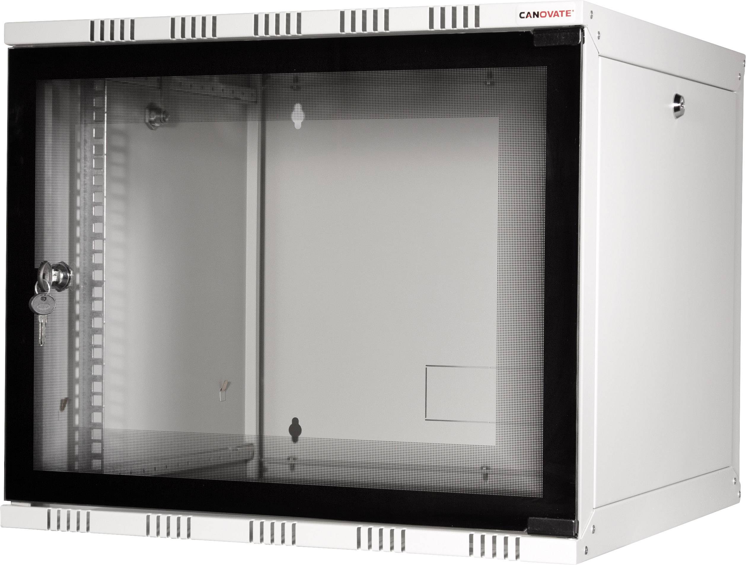 Armadio di rete bianco con porta in vetro, serratura visibile e fessure di ventilazione laterali, idoneo per il montaggio a parete.