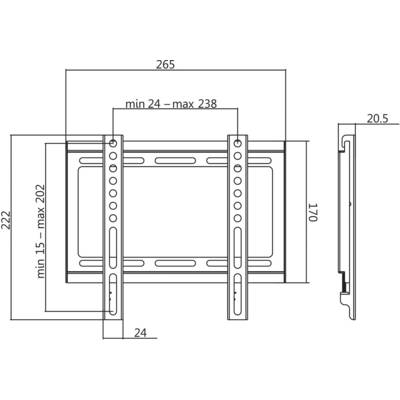 Diagramma mostra le misure di un supporto da parete per TV: larghezza 265 mm, altezza 222 mm, profondità 20,5 mm, lunghezza regolabile tra 202 mm e 238 mm.