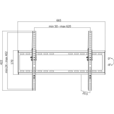 Illustrazione di un braccio snodabile da parete regolabile per monitor, con dimensioni in millimetri. Angolo di inclinazione da 0° a -8°.
