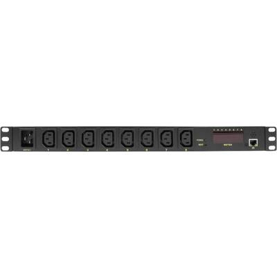 Un dispositivo di distribuzione dell'alimentazione nero per rack con otto slot, numerati da 1 a 8, con indicatore LED, tasto di accensione/spegnimento e reset, e interfaccia di rete.