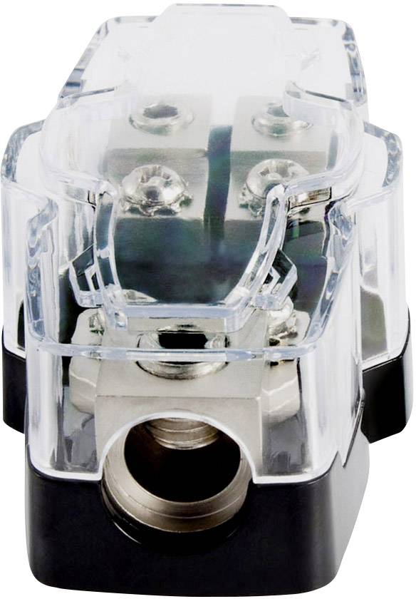 Un connettore trasparente in plastica con due viti metalliche integrate; viene comunemente utilizzato per connessioni elettriche.