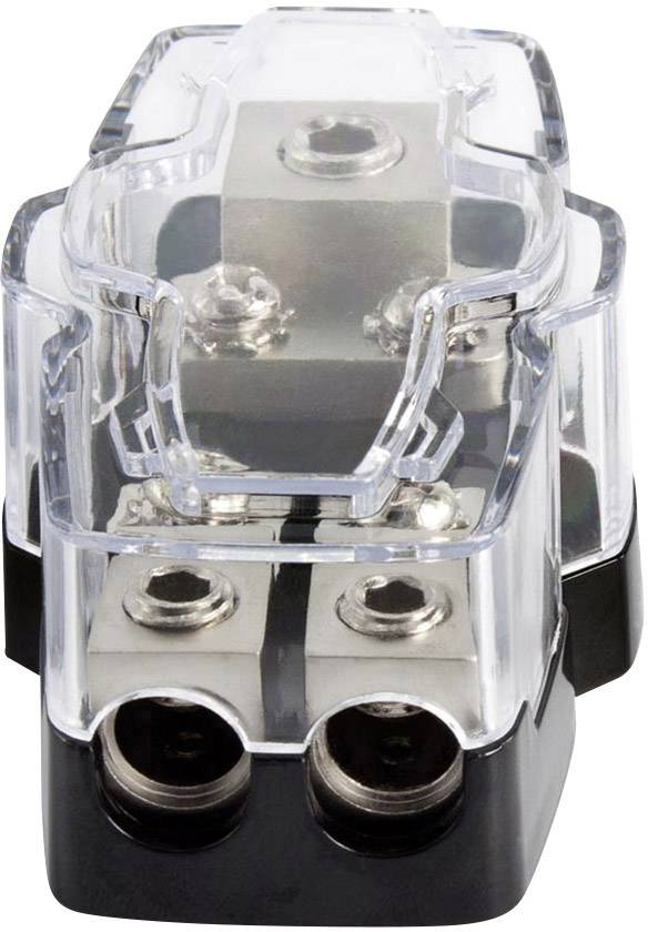 Sistema di sicurezza trasparente con connessioni metalliche e due ingressi. Utilizzato principalmente per applicazioni elettriche.