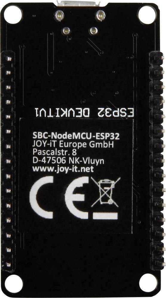 Una scheda SBC NodeMCU ESP32 nera con la scritta 'ESP32 DEVKIT1', informazioni del produttore e marchio CE.
