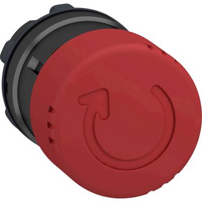 Pulsante di emergenza rosso con simbolo a freccia che indica un movimento rotatorio, per l'arresto di emergenza di dispositivi elettrici.