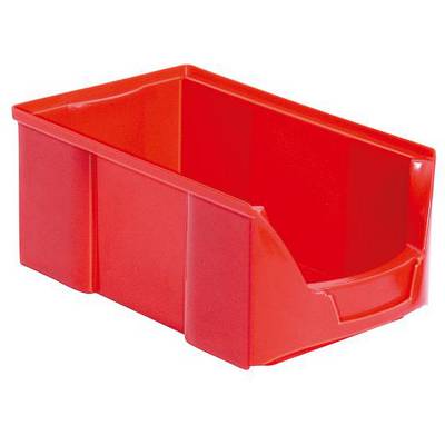 Contenitore rosso in plastica con lato anteriore aperto per un facile accesso al contenuto. Adatto per lo stoccaggio, impilabile.
