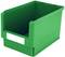 Scatola di plastica verde con lato anteriore aperto, per un facile accesso ai contenuti. Utilizzabile in magazzini o officine per lo stoccaggio.