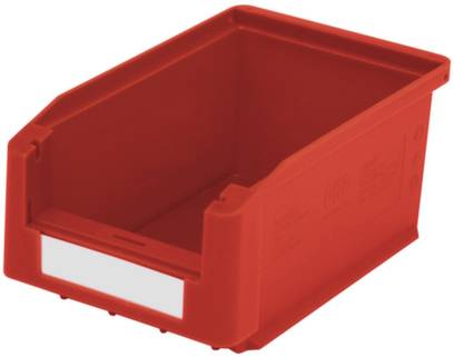 Contenitore rosso in plastica con accesso anteriore aperto e portaetichetta, utilizzato per conservare piccoli componenti o attrezzi.