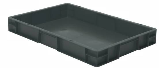 Una vasca rettangolare nera in plastica, con bordi bassi e spigoli rinforzati, adatta per lo stoccaggio o il trasporto.
