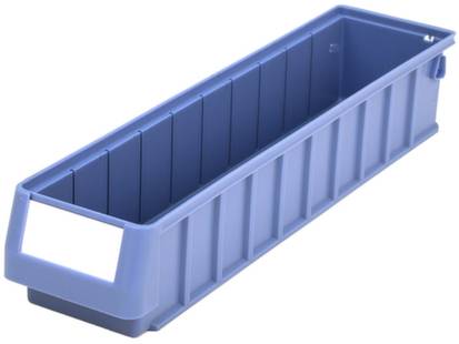 Contenitore Lila Lagerbox con coperchio aperto e portaetichetta sul lato anteriore. Adatto per conservare piccoli oggetti.
