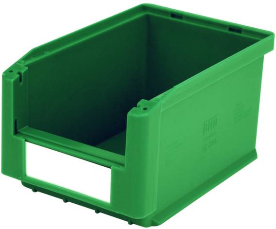 Contenitore in plastica verde con accesso frontale aperto e struttura robusta, adatto per lo stoccaggio e l'organizzazione di piccoli oggetti.