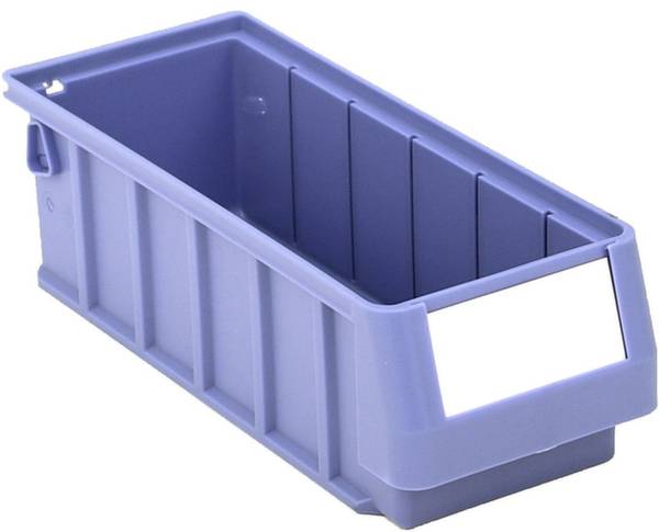 Un contenitore in plastica rettangolare impilabile in viola chiaro, con un'apposita rientranza sul lato frontale per l'etichetta identificativa.