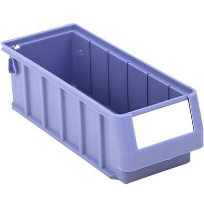 Un contenitore in plastica rettangolare impilabile in viola chiaro, con un'apposita rientranza sul lato frontale per l'etichetta identificativa.