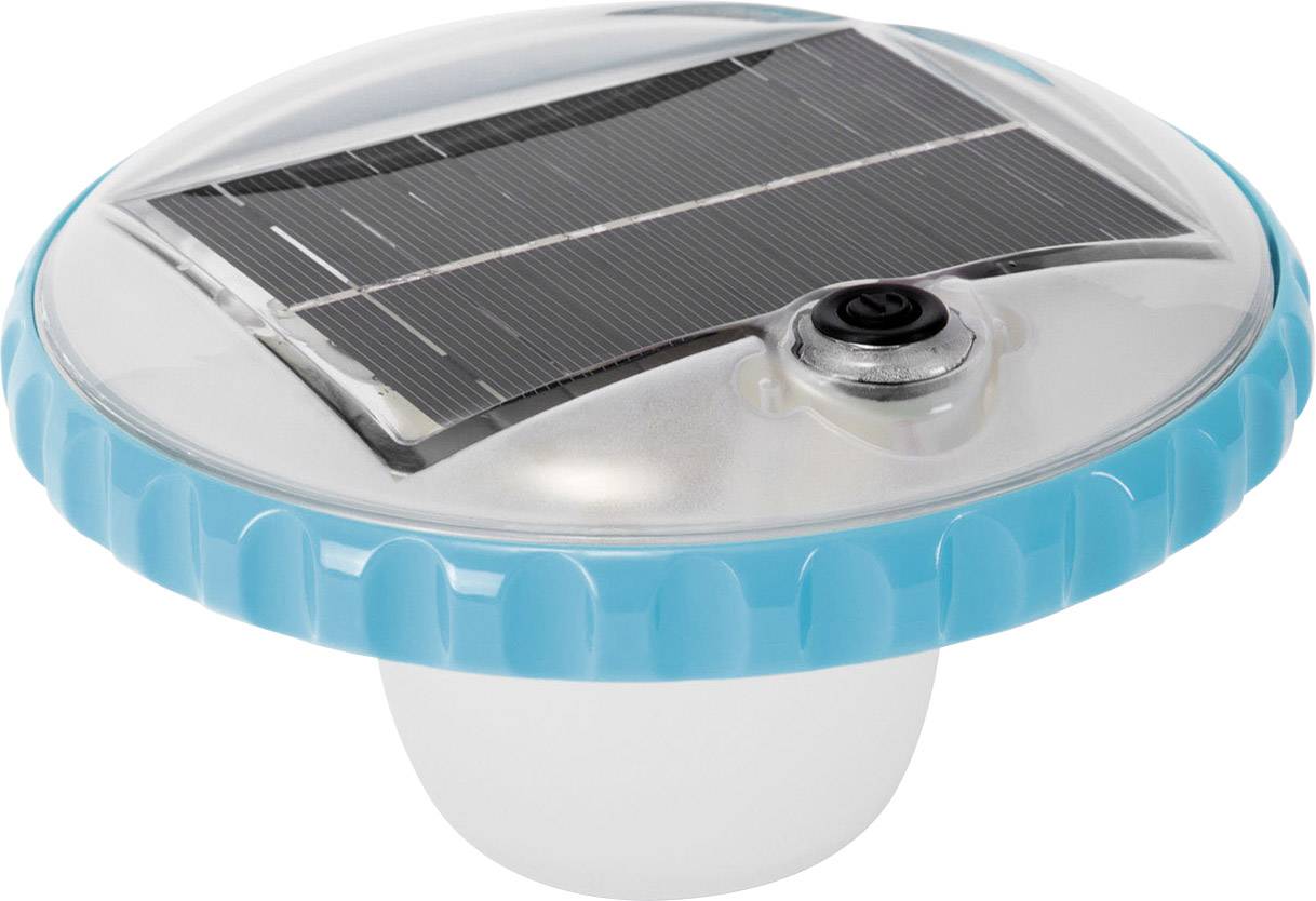 Lampada solare rotonda, trasparente con bordo blu e pannello solare integrato.